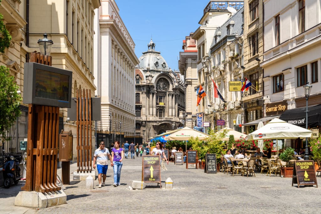 People Walking Downtown Lipscani Street In Bucharest